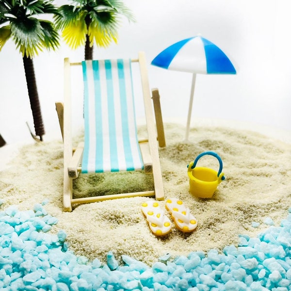 Miniature Fairy Garden Beach Theme Diorama Beach Chair Umbrella Coastal Terrarium