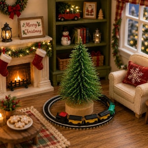 May include: A miniature Christmas living room scene featuring a fireplace with stockings, a green Christmas tree on a circular toy train track, a cream-colored armchair with a red snowflake pillow, and a small table with cookies and a candle.