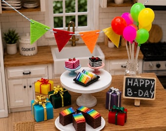Miniature Birthday Scene: Dollhouse Cake, Balloons, Chalkboard, Elf Prop