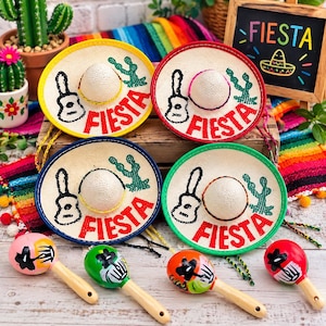 Miniature Sombrero Hat and Maraca Set: 12" Doll Fiesta Party Supplies