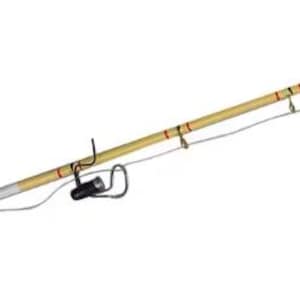 May include: A wooden fishing rod with a red and white tip, a black fishing reel, and a silver hook. The rod is strung with fishing line.