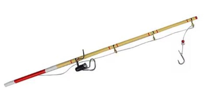 May include: A wooden fishing rod with a red and white tip, a black fishing reel, and a silver hook. The rod is strung with fishing line.