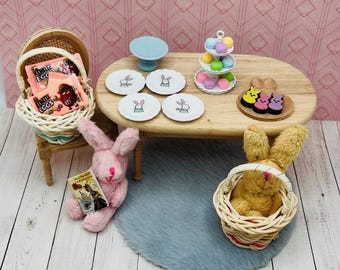 Miniature Easter Dollhouse Plates: Bunny Decor, Macaroons, Peeps Candy