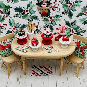 Dollhouse Christmas Table Setting Miniature Holiday Cakes Mini Cake Stands