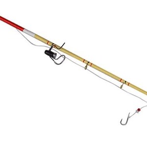 May include: A wooden fishing rod with red and white accents. The rod has a black fishing reel and a hook at the end of the line.