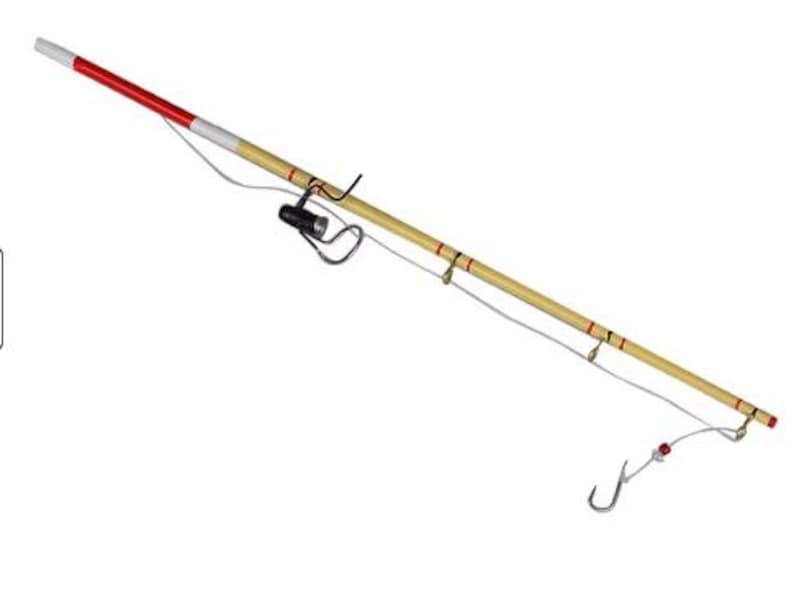 May include: A wooden fishing rod with red and white accents. The rod has a black fishing reel and a hook at the end of the line.