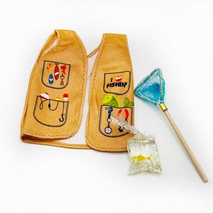 Elf Prop Miniature Fishing Pole Nets Fake Fish Dollhouse Accessory 12" Doll 3 pc fish set