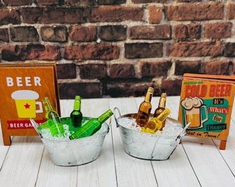 Dollhouse Miniature: Beer Bucket with Bottles and Ice, Mini Bar Sign (1∶12 Scale)