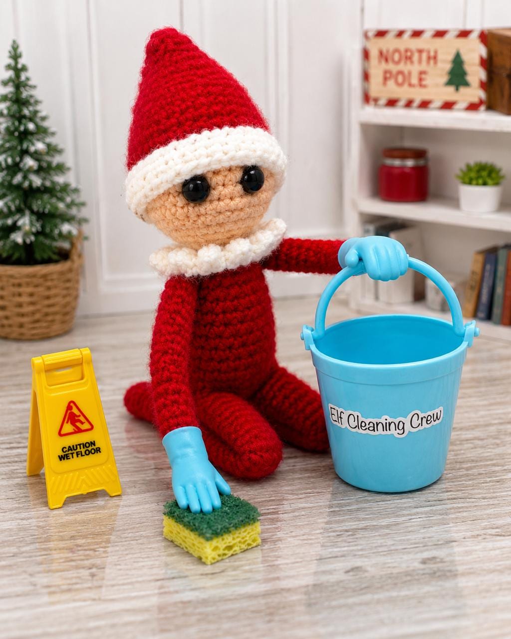 Elf Doll Cleaning Kit: Miniature Bucket, Gloves and Wet Floor Sign, Elf Prop