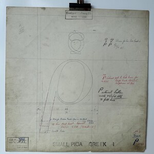 Dibujo original de Linotype Master, rescatado de la fundición de linotipos de Manchester, Inglaterra. Letra griega pica p minúscula.