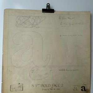 Desenho original de um Linotype Master recuperado da fundição de linótipos em Manchester, Inglaterra. Nome da fonte: Negrito 2, letra minúscula a.