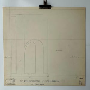 Dibujo original de Linotype Master, rescatado de la fundición de linotipos de Manchester, Inglaterra. Letra h minúscula condensada de Bodoni.