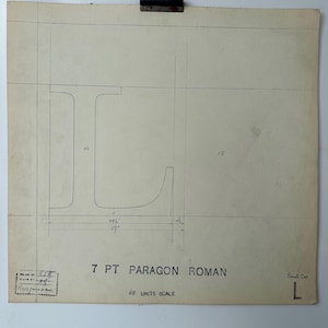 Desenho original de um Linotipo Master recuperado da fundição de linótipos em Manchester, Inglaterra. Letra maiúscula L do Paragon Roman.