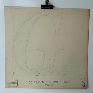 Desenho original de um mestre linotipo recuperado da fundição de linotipos em Manchester, Inglaterra. Letra maiúscula G, em negrito e itálico, do século.