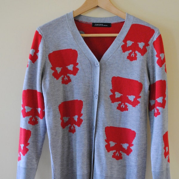 Vintage Skull Cardigan Sweater - Red and Grey - Size Small - PERFECT CONDITION