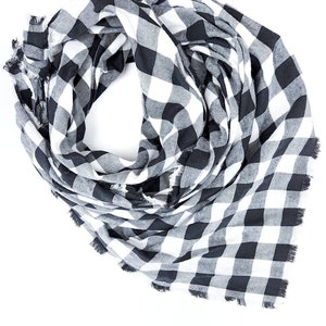 Black and white flannel scarf, Lightweight scarf for cold weather, Fringed by hand image 2