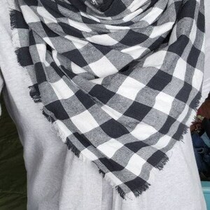 Black and white flannel scarf, Lightweight scarf for cold weather, Fringed by hand image 1