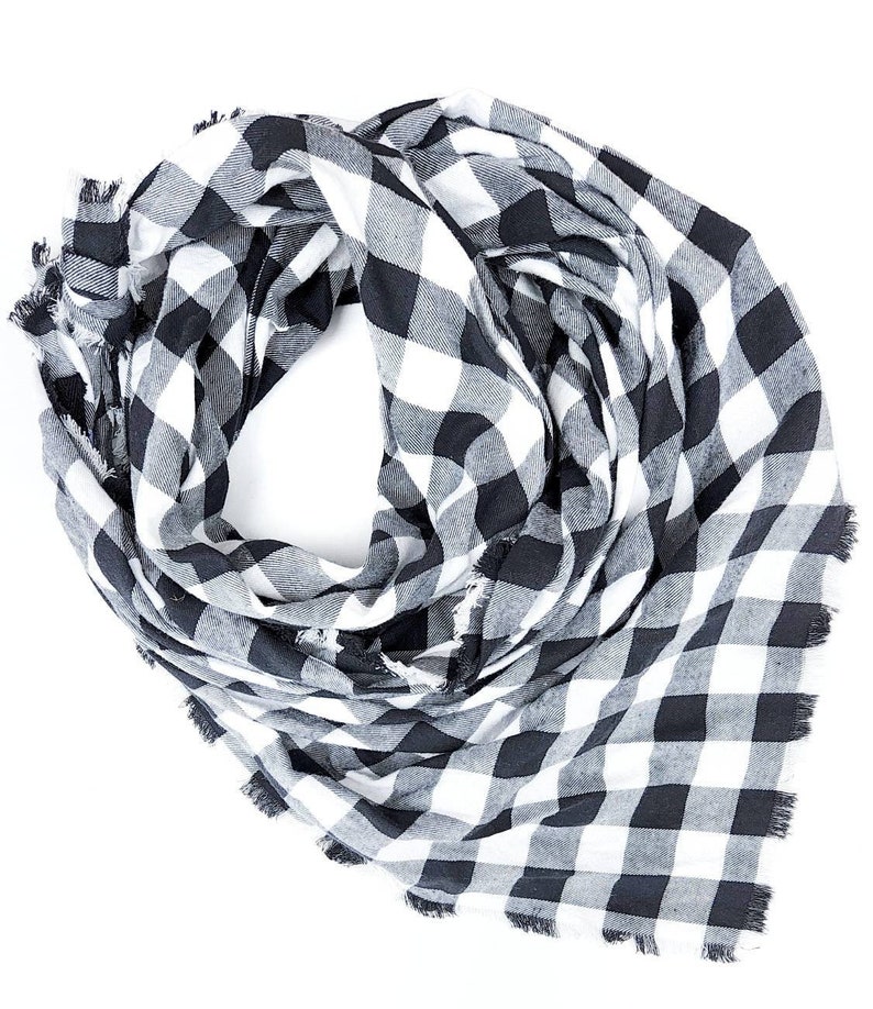 Black and white flannel scarf, Lightweight scarf for cold weather, Fringed by hand image 2