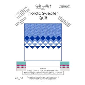 May include: A digital download pattern for a Nordic Sweater Quilt. The pattern includes templates for baby, couch, twin, and queen sizes. The quilt features a blue and white geometric design with a diamond and triangle pattern. The pattern is available for purchase on Etsy.