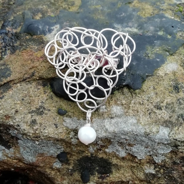 Abstract Wire Brooch Pin Freshwater Pearl Unusual Unique Gift