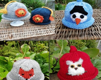 Children's Animal Hats Easy Knitting Pattern Lion Fox Owl Snowman Age 0-10