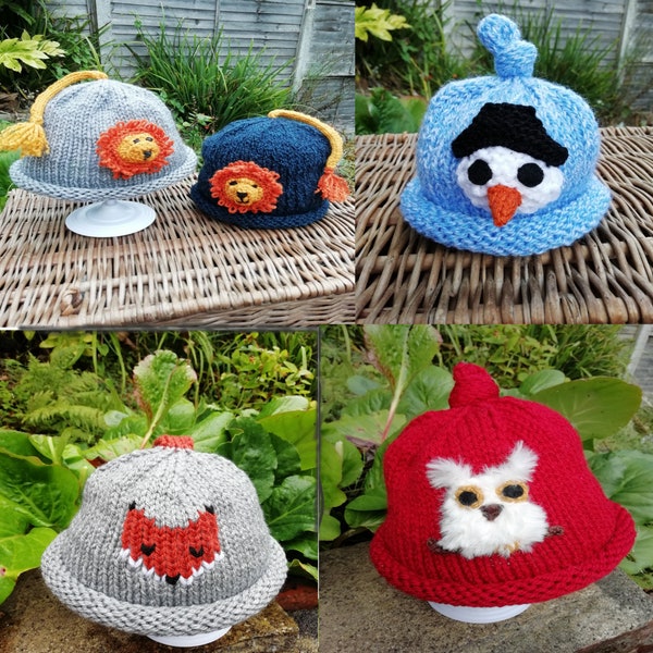 Children's Animal Hats Easy Knitting Pattern Lion Fox Owl Snowman Age 0-10