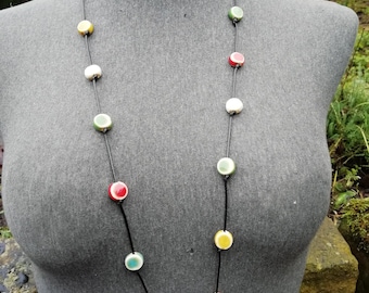 Ceramic Necklace Long Boho Wax Cord Multi Colour Necklace
