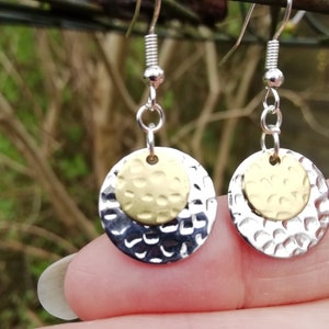 Silver Gold Tone Mixed Metal Hammered Discs 2 Tone Earrings