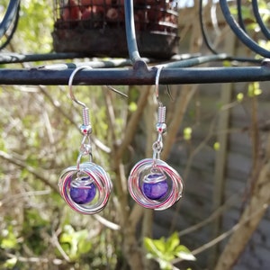 Purple Drawbench Glass Dangle 3 Ring Earrings Silver Plated