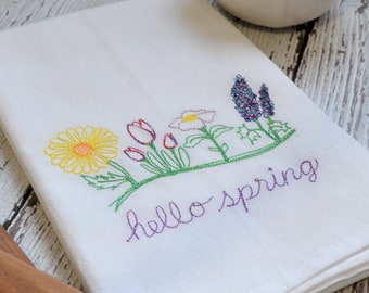 Hello Spring Embroidered Tea Towel, Spring Floral Kitchen Decor, Farmhouse Dish Towel, Spring Flowers, pretty floral towel, floursack towel