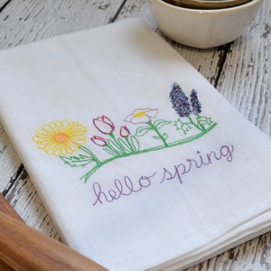 Hello Spring Embroidered Tea Towel, Spring Floral Kitchen Decor, Farmhouse Dish Towel, Spring Flowers, pretty floral towel, floursack towel image 1