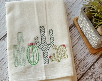 Lots of Cacti Embroidered Tea Towel,  Embroidered 30x30 Flour Sack Towel, Cactus Towel, Summer Decor, Kitchen Towel, Cute Cactus, Gift for