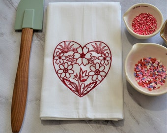 Floral Heart Tea Towel - Valentine's Day Gift - Seasonal Kitchen Decor - Love Dish Towel - Heart Kitchen Towel - flowers - monochrome