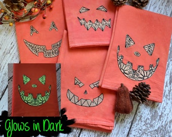 Glow in the dark Jack-o-lantern Embroidered Tea Towel, Embroidered Floursack Towel, Fall Dish Towel,  Seasonal Decor, hand dyed, Halloween