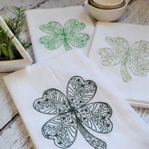 Lace Four Leaf Clover Tea Towel - Embroidered Floursack Towel - St. Patrick's Day - Irish - Spring, Shamrock,