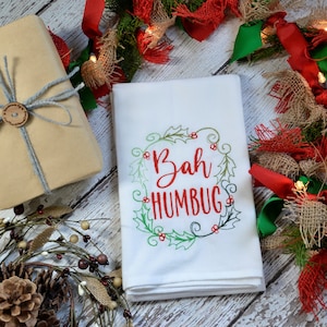 Bah Humbug Christmas Dish Towels, Christmas Embroidered Tea Towel, Holiday Kitchen Towels, New Apartment Gift, Holiday Hand Towels
