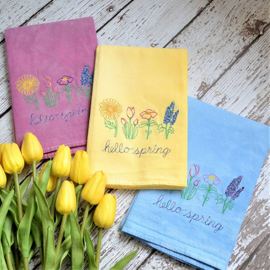 Hello Spring Hand Dyed Embroidered Tea Towel, Spring Floral Kitchen ...
