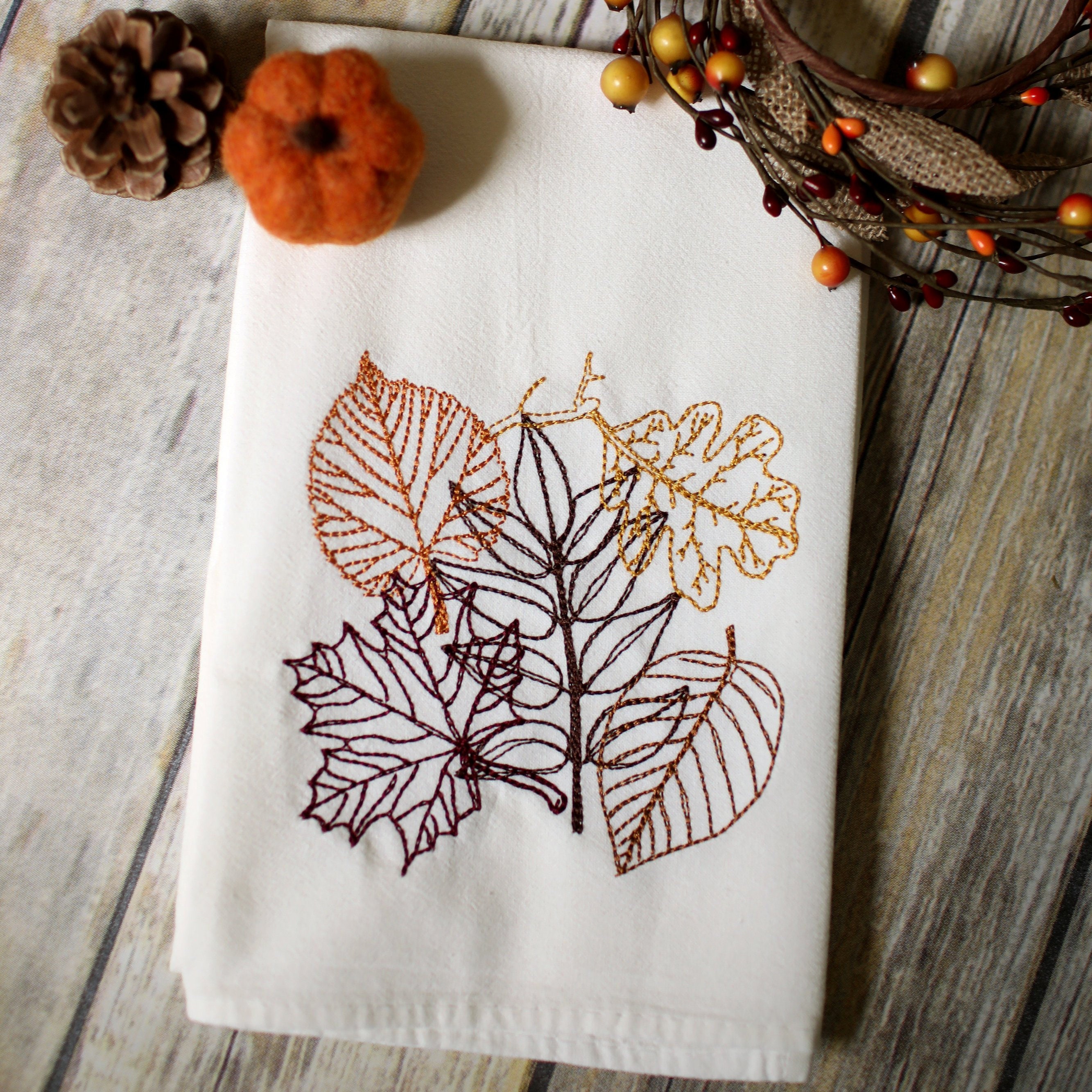 Autumn Leaves Embroidered Tea Towel 30x30 Embroidered Etsy