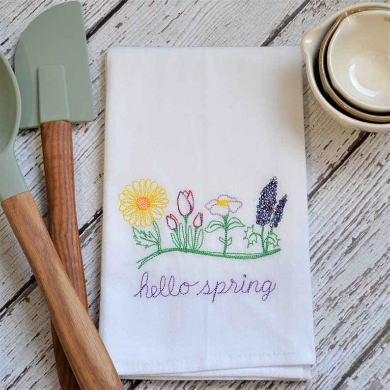 Hello Spring Embroidered Tea Towel, Spring Floral Kitchen Decor, Farmhouse Dish Towel, Spring Flowers, pretty floral towel, floursack towel image 3