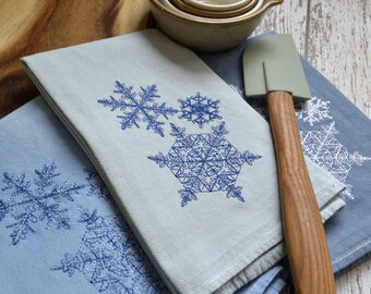 Lace Snowflake Tea Towel, Hand Dyed Towel, Winter Gift - Seasonal Kitchen Decor - Snow Dish Towel - Kitchen Towel