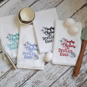 Naughty Chickens Lay Deviled Eggs Embroidered Tea Towel, Country Style Kitchen floursack, Farmhouse Towel, Chicken Dish Towel, kitchen decor