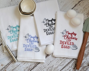 Naughty Chickens Lay Deviled Eggs Embroidered Tea Towel, Country Style Kitchen floursack, Farmhouse Towel, Chicken Dish Towel, kitchen decor