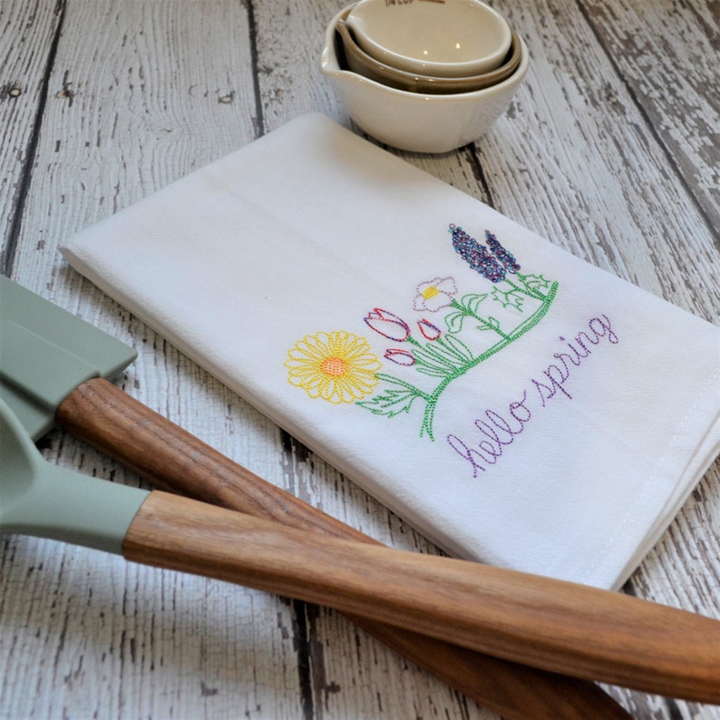 Hello Spring Embroidered Tea Towel, Spring Floral Kitchen Decor, Farmhouse Dish Towel, Spring Flowers, pretty floral towel, floursack towel image 5