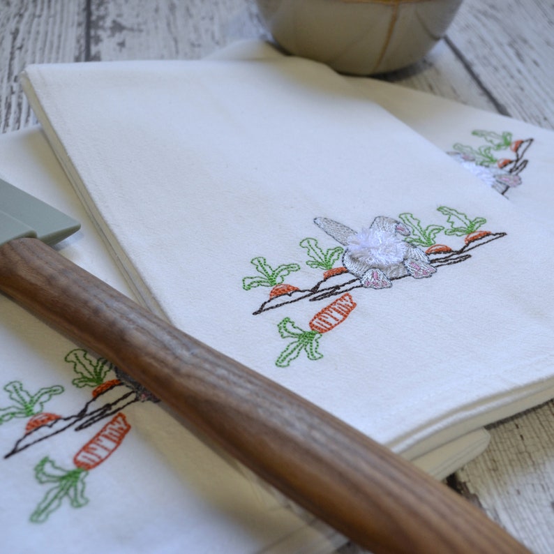 Bunny Tail Embroidered Tea Towel, Embroidered Floursack Towel, Country Kitchen Towel, Farmhouse Decor, Dish Towel, easter, gardening, carrot image 9