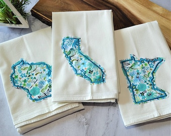 Teal Floral Embroidered Tea Towel, choose your state, embroidered kitchen towels, summer gift, floral state, dish towel gift, raggy edge