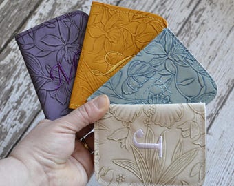 Embroidered Personalized Wallet, gift for mom, card wallet, monogram, slim, faux leather, floral, embossed botanical, multiple colors