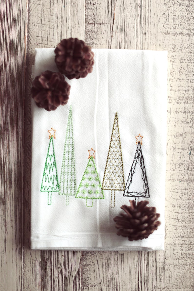 Christmas Dish Towels, Christmas Tree Embroidered Tea Towel, Farmhouse Christmas Kitchen Towels, New Apartment Gift, Holiday Hand Towels image 2