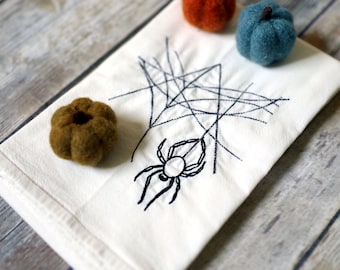 Hanging Spider Embroidered Tea Towel, 30x30 Embroidered Floursack Towel, Autumn Dish Towel,  Seasonal Kitchen Decor, hostess gift, halloween