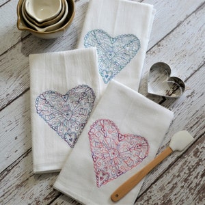 Lace Heart Tea Towel - Valentine&#39;s Day Gift - Seasonal Kitchen Decor - Love Dish Towel - Heart Kitchen Towel