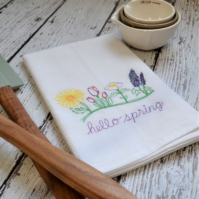 Hello Spring Embroidered Tea Towel, Spring Floral Kitchen Decor, Farmhouse Dish Towel, Spring Flowers, pretty floral towel, floursack towel image 9